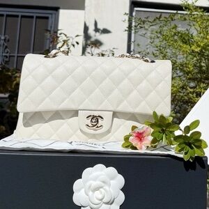 CC CLASSIC  MEDIUM DOUBLE FLAP CAVIAR WHITE SHW, 100% AUTHENTIC